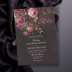 Convite Casamento Floral Burgundy Romântico e Sombrio
