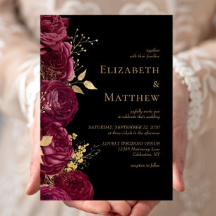 Convite Casamento Floral Burgundy Romântico Preto Dourado