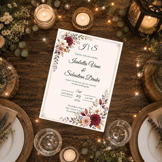 Convite Casamento Floral Burgundy Rústico (Criador carregado)