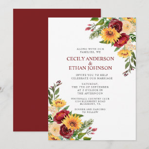 Convite Casamento Floral Burgundy Rústico Amarelo Girassói