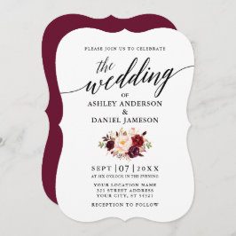 Convite Casamento Floral Burgundy - Script de Caligrafia E
