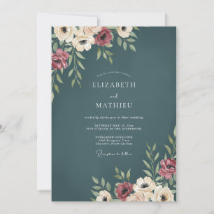 Convite Casamento Floral Burgundy Teal Escuro