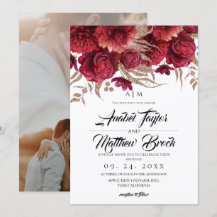 Convite Casamento Floral Burgundy Vermelho Dourado Românti