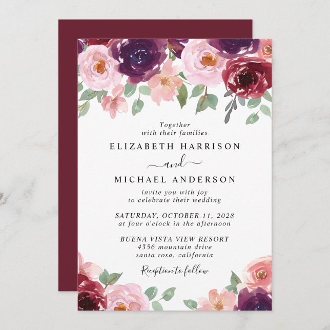 Convite Casamento Floral Burgundy Watercolor (Frente/Verso)