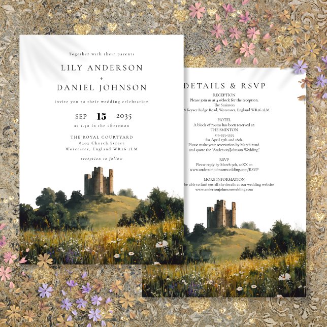 Convite Casamento Floral Campestre Tudo Em Um no Castelo (Castle Floral Countryside All In One Wedding Invitation)