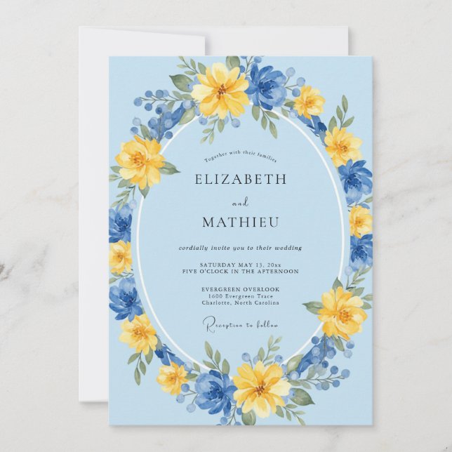 Convite Casamento Floral Caprichoso Azul Céu (Frente)