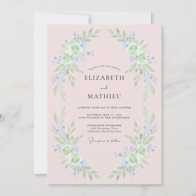 Convite Casamento Floral Caprichoso Azul Claro (Frente)