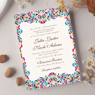 Convite Casamento Floral Caprichoso Azul Magenta Amarelo