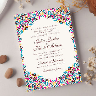 Convite Casamento Floral Caprichoso Azul Magenta Amarelo