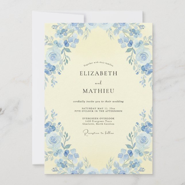 Convite Casamento Floral Caprichoso Azure (Frente)