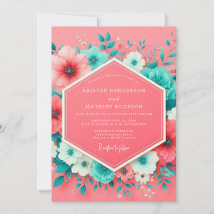 Convite Casamento Floral Caprichoso Coral