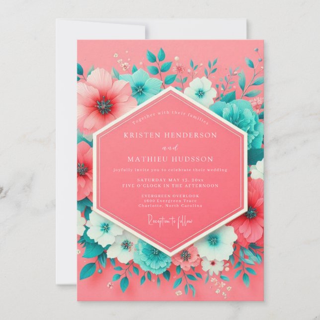 Convite Casamento Floral Caprichoso Coral (Frente)