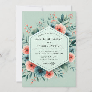 Convite Casamento Floral Caprichoso Coral Salvia
