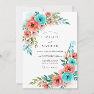 Convite Casamento Floral Caprichoso Coral Turquesa