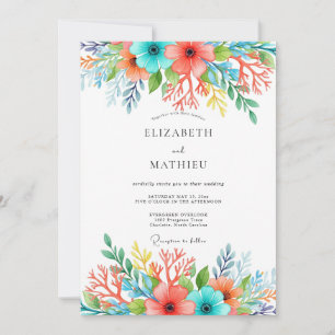 Convite Casamento Floral Caprichoso Coral Verde-Água