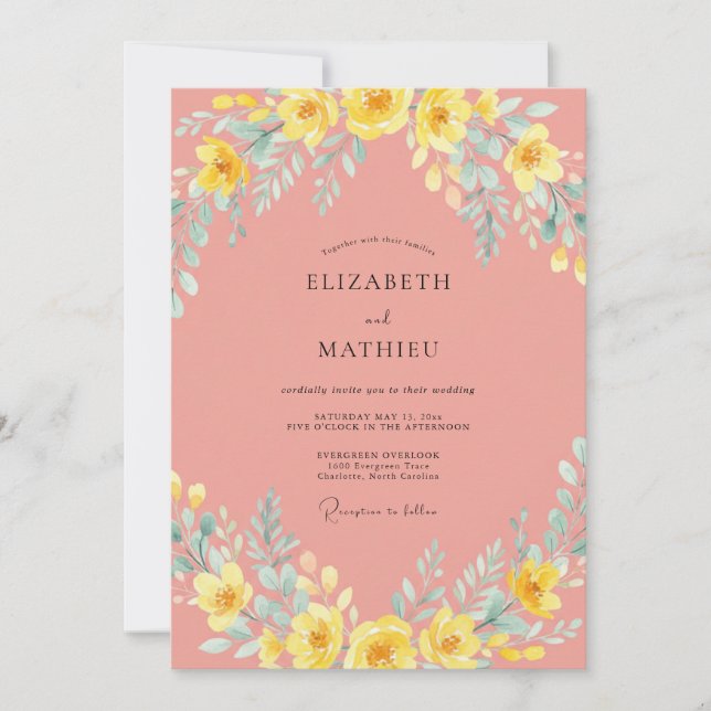 Convite Casamento Floral Caprichoso de Coral (Frente)