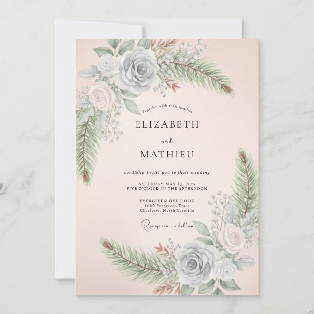 Convite Casamento Floral Caprichoso de Rosa e Periwinkle (Frente)