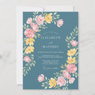 Convite Casamento Floral Caprichoso em Azul Turquesa