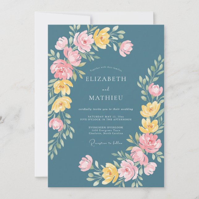 Convite Casamento Floral Caprichoso em Azul Turquesa (Frente)