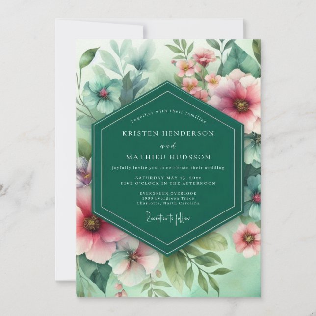 Convite Casamento Floral Caprichoso Esmeralda (Frente)