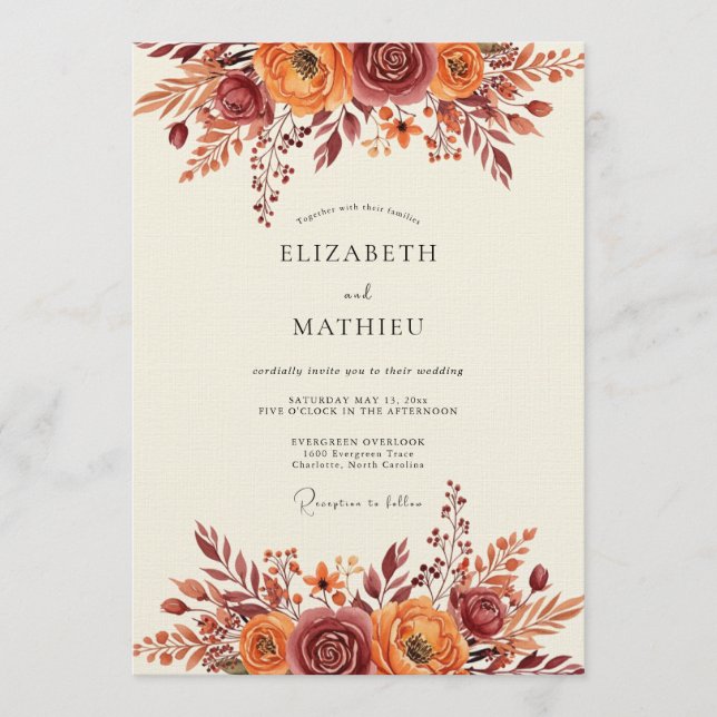 Convite Casamento Floral Caprichoso Ferrugem Outonal (Frente)