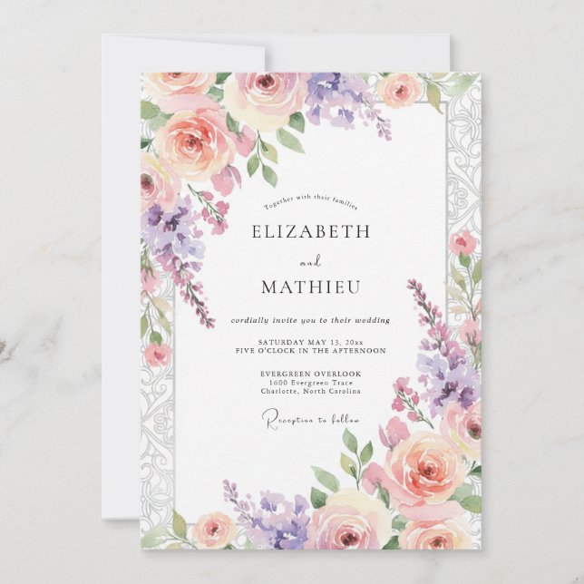 Convite Casamento Floral Caprichoso Lavanda Rubor (Frente)