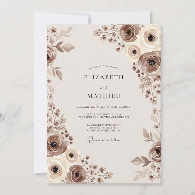 Convite Casamento Floral Caprichoso Marrom (Frente)
