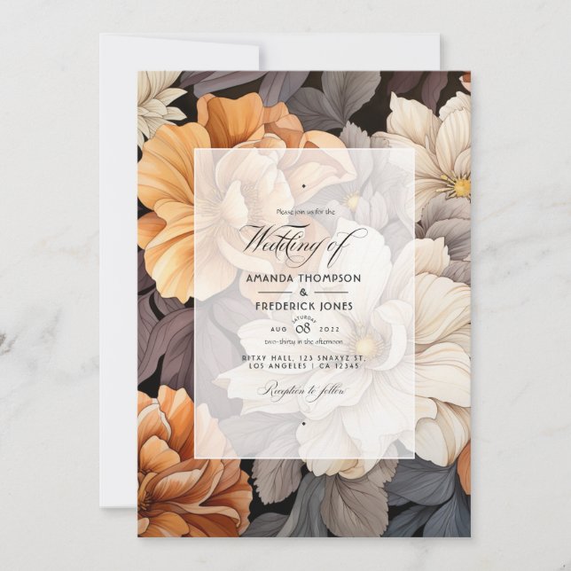 Convite Casamento Floral Caramelo Marrom Latte Outono (Frente)