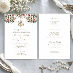 Convite Casamento Floral Católico Dourado Maria