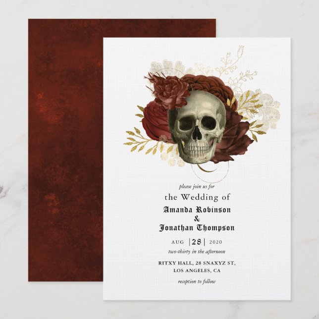 Convite Casamento Floral Caveira Grunge Gótico (Frente/Verso)