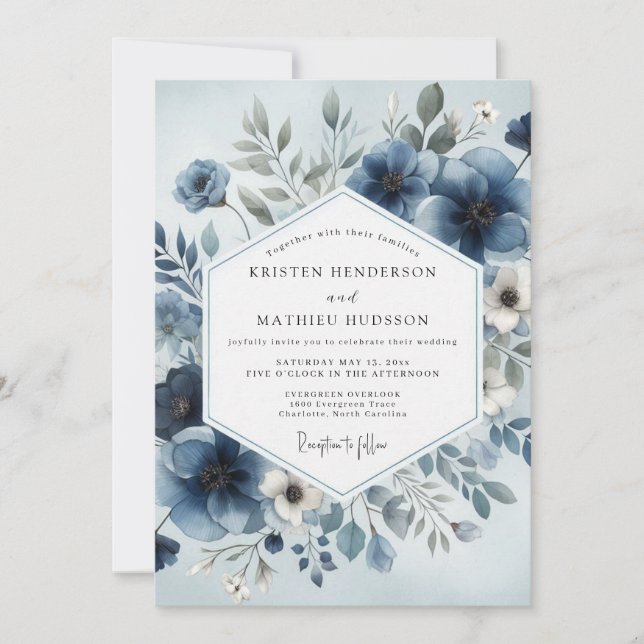 Convite Casamento Floral Celestial Azul Desbotado (Frente)