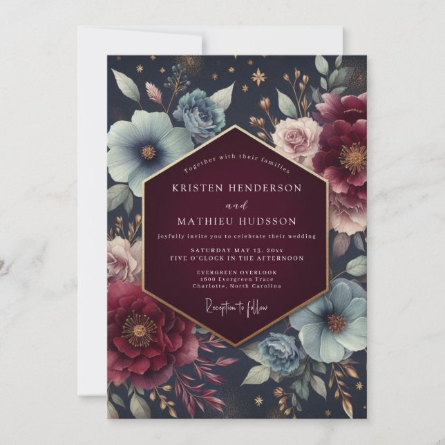 Convite Casamento Floral Celestial Borgonha (Frente)