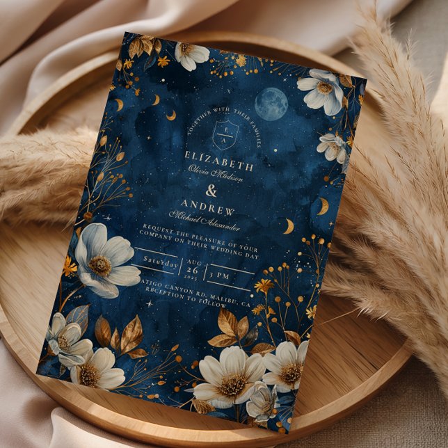 Convite Casamento Floral Celestial Meia-Noite (Criador carregado)