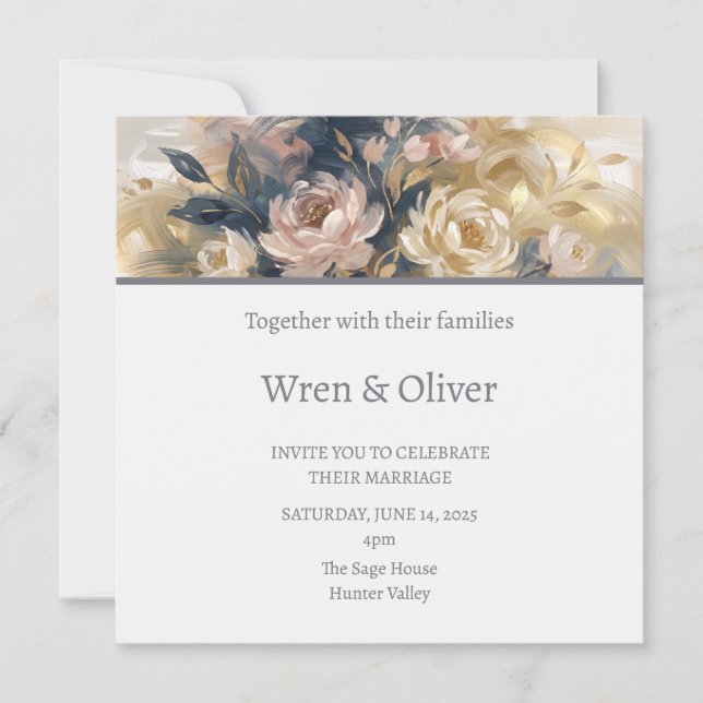 Convite Casamento Floral Champanhe (Frente)