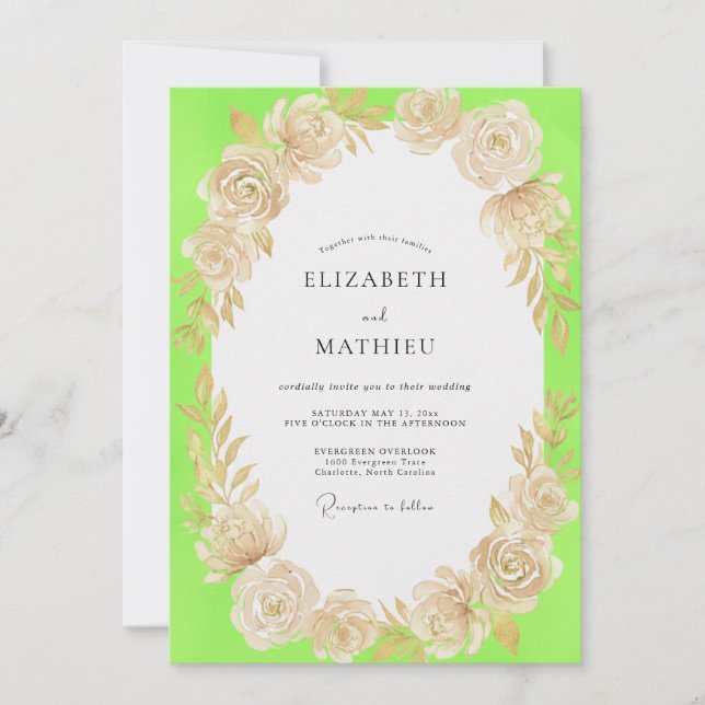 Convite Casamento Floral Champanhe Chartreuse (Frente)