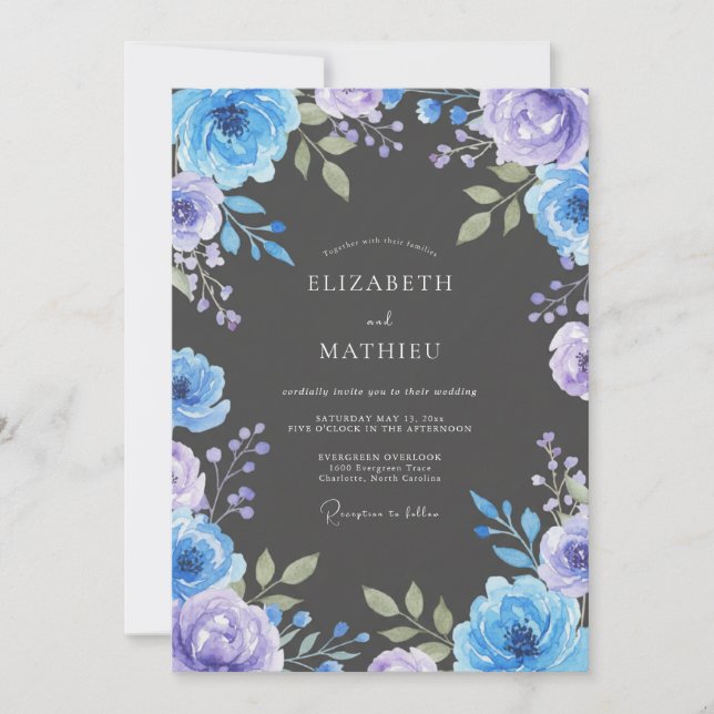 Convite Casamento Floral Charcoal Periwinkle (Frente)