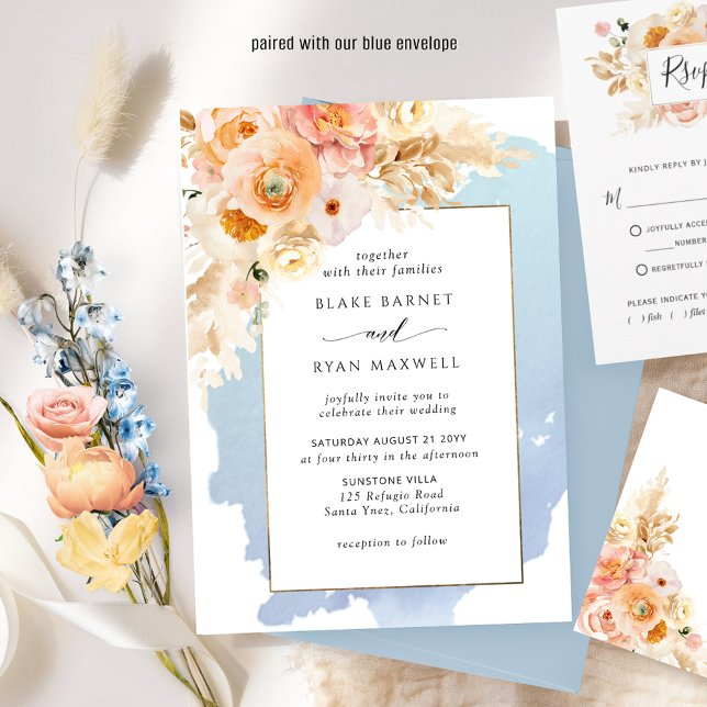 Convite Casamento Floral Chic Blue, Peach, Blush e Cream (Criador carregado)