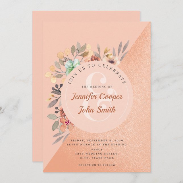 Convite Casamento Floral Chic Copper Watercolor (Frente/Verso)