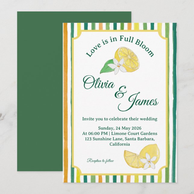 Convite Casamento Floral Chic de Limão e Lima (Frente/Verso)