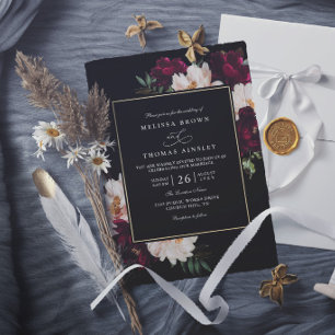 Convite Casamento Floral Chic Elegante Burgundy Mal-humora