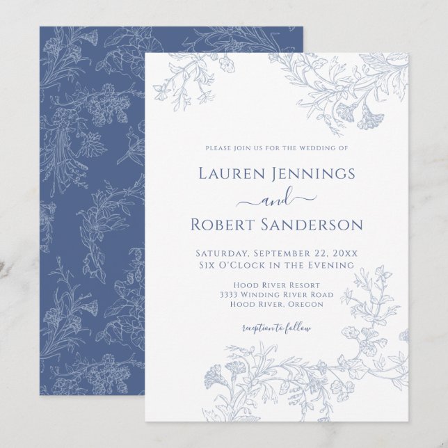 Convite Casamento Floral Chic Linha Azul Desenhada (Frente/Verso)