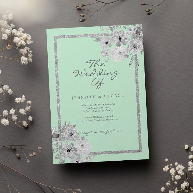 Convite Casamento floral chic neo mint branco brilho prata (Chic neo mint white silver glitter floral wedding)