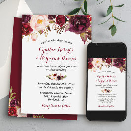 Convite Casamento Floral Chic Outono Vermelho Borgonha Mar