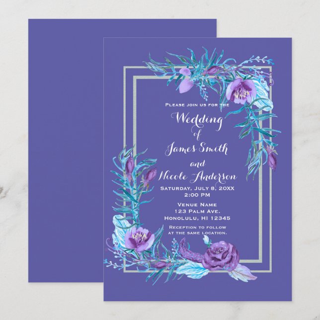 Convite Casamento Floral Chic Roxo Ultravioleta e Aquático (Frente/Verso)