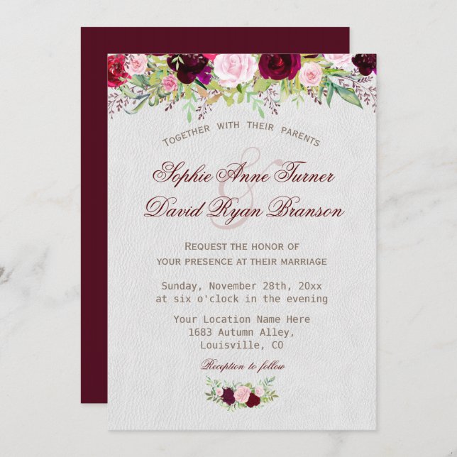 Convite Casamento Floral Chic Rustic Burgundy Marsala (Frente/Verso)