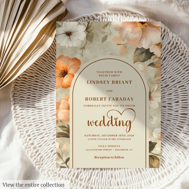 Convite Casamento Floral Chic Rústico Boho Cobre Bege Oliv (Rustic Boho Copper Beige Olive Floral Wedding Invitation)