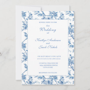 Convite Casamento Floral Chinesice Azul Elegante