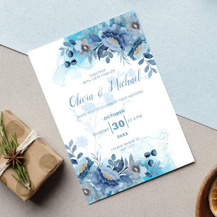 Convite Casamento Floral Chinesice Azul Poeirento Elegante