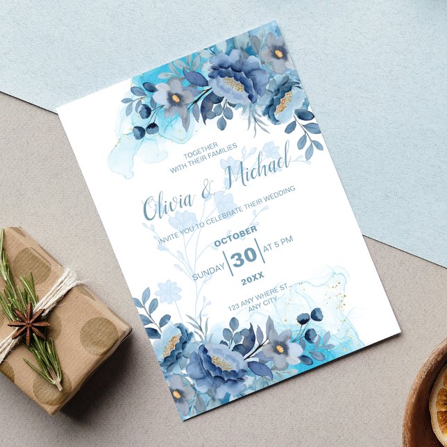 Convite Casamento Floral Chinesice Azul Poeirento Elegante (Criador carregado)