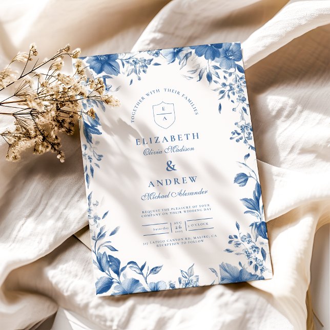 Convite Casamento Floral Chinoiserie French Blue Victorian (Criador carregado)